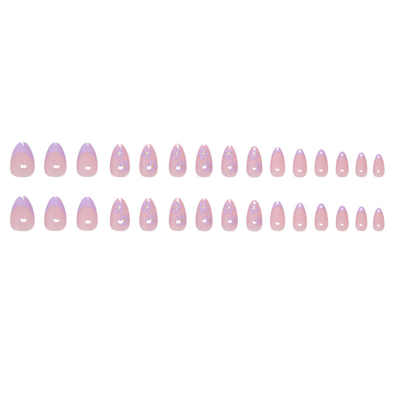 N-102 - Flowers & Purple Pastel - Press On Nail Set Of 24 - Free 24 Pcs Sticker Sheet Included