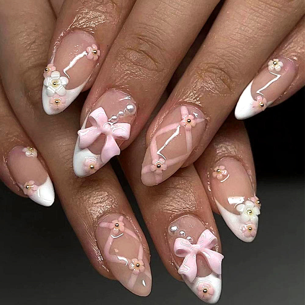 N-330- Bow Pastel   - Press On Nail Set Of 24 - Free 24 Pcs Sticker Sheet Included
