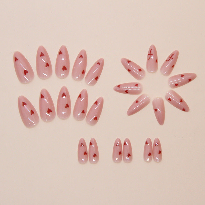 N-275 - Red Hearts Pink  - Press On Nail Set Of 24 - Free 24 Pcs Sticker Sheet Included
