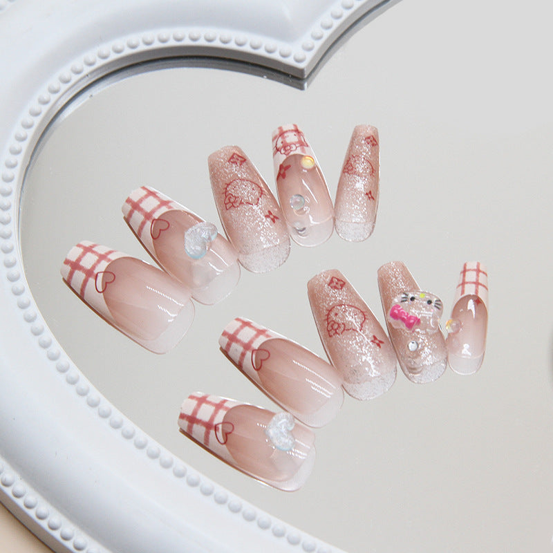 N-155 - Hello Kitty Pink - Press On Nail Set Of 24 - Free 24 Pcs Sticker Sheet Included