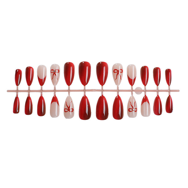 N-340 - Red Bow - Press On Nail Set Of 24 - Free Nail Kit Included