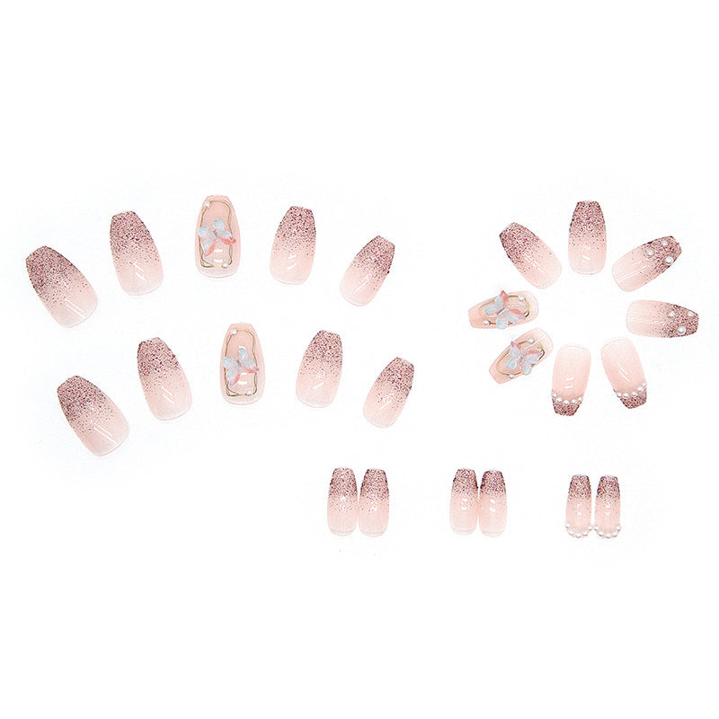 N-152 - Pink Sparkle Butterfly  - Press On Nail Set Of 24 - Free 24 Pcs Sticker Sheet Included