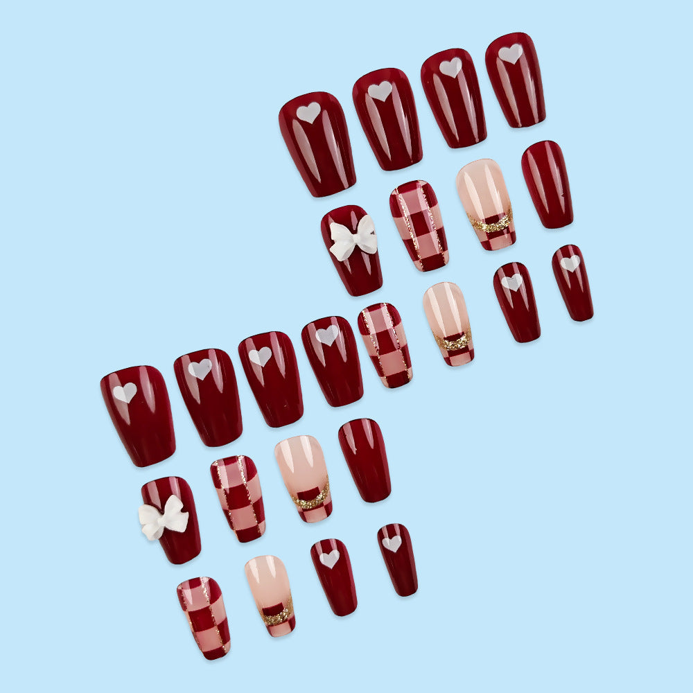 N-327 - Fancy Bow Red Shiny   - Press On Nail Set Of 24 - Free 24 Pcs Sticker Sheet Included
