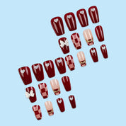 N-327 - Fancy Bow Red Shiny   - Press On Nail Set Of 24 - Free 24 Pcs Sticker Sheet Included