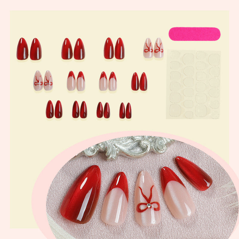 N-340 - Red Bow - Press On Nail Set Of 24 - Free Nail Kit Included