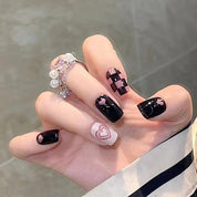 N-173 - Black & Pink Grid & Pastel Heart - Press On Nail Set Of 24 - Free 24 Pcs Sticker Sheet Included