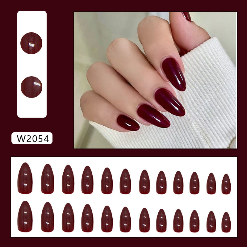 N-304 -  Shiny Maroon - Print Press On Nail Set Of 24 - Free 24 Pcs Sticker Sheet Included