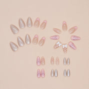 N-258 - Pastel Pink Bow - Press On Nail Set Of 24 - Free 24 Pcs Sticker Sheet Included