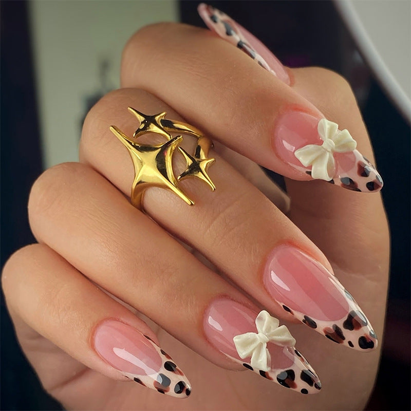 N-197 - Bow & Leopard Print - Press On Nail Set Of 24 - Free Nail Kit  Included