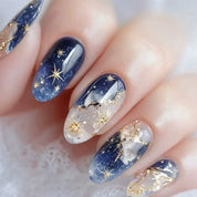 N-307 - Gold Foil Dream  & Stars  - Print Press On Nail Set Of 24 - Free 24 Pcs Sticker Sheet Included