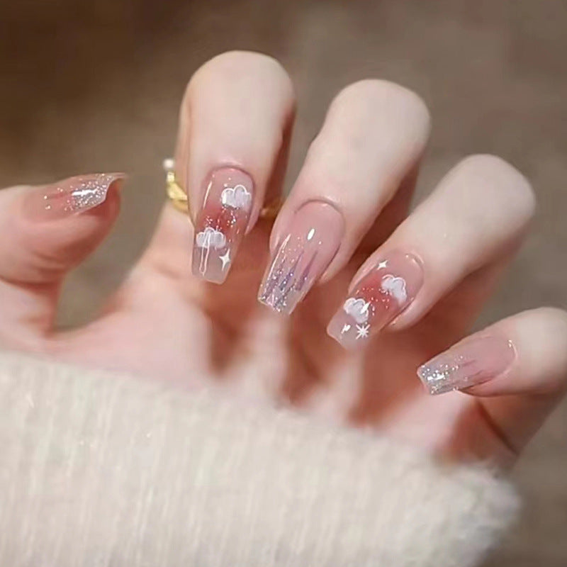 N-167 - Fantasy Sparke & Clouds - Press On Nail Set Of 24 - Free 24 Pcs Sticker Sheet Included