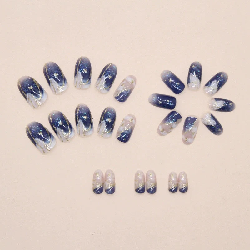 N-307 - Gold Foil Dream  & Stars  - Print Press On Nail Set Of 24 - Free 24 Pcs Sticker Sheet Included