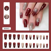 N-225- Glittery Gold & Maroon - Press On Nail Set Of 24 - Free 24 Pcs Sticker Sheet Included