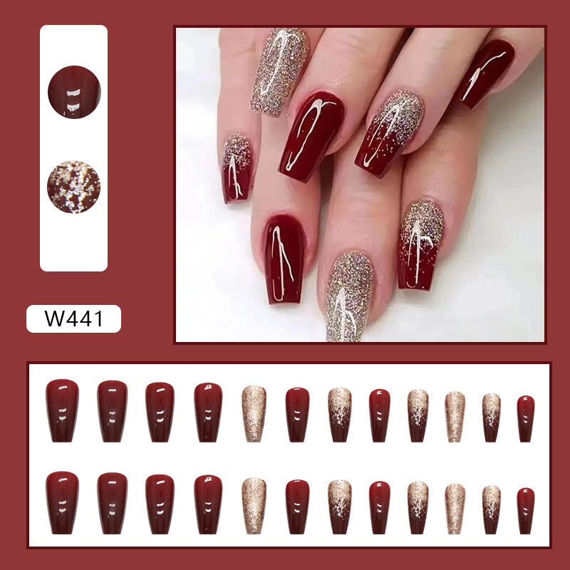 N-225- Glittery Gold & Maroon - Press On Nail Set Of 24 - Free 24 Pcs Sticker Sheet Included