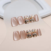 N-162 - Gold Crystal Diamond Pink - Press On Nail Set Of 24 - Free 24 Pcs Sticker Sheet Included