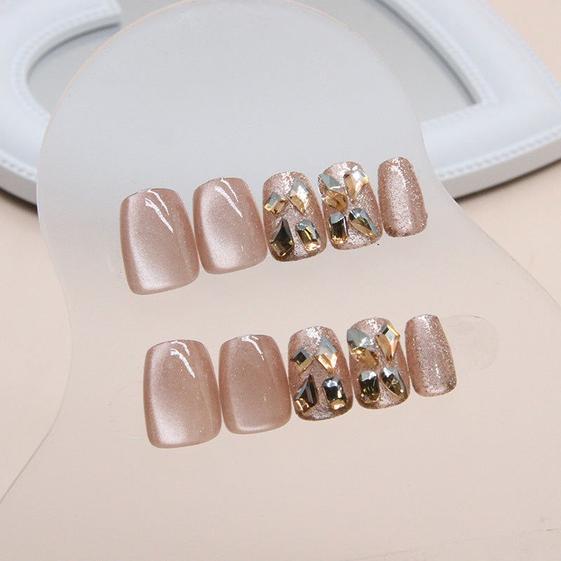 N-162 - Gold Crystal Diamond Pink - Press On Nail Set Of 24 - Free 24 Pcs Sticker Sheet Included