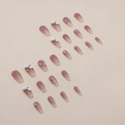 N-302 - Crystal & Milk White Camellia - Press On Nail Set Of 24 - Free 24 Pcs Sticker Sheet Included