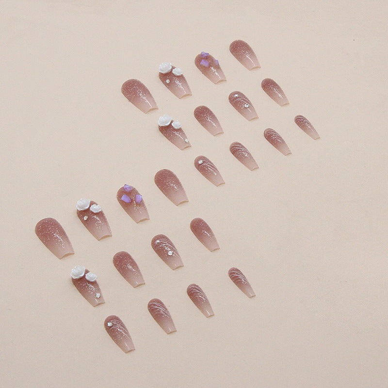 N-302 - Crystal & Milk White Camellia - Press On Nail Set Of 24 - Free 24 Pcs Sticker Sheet Included