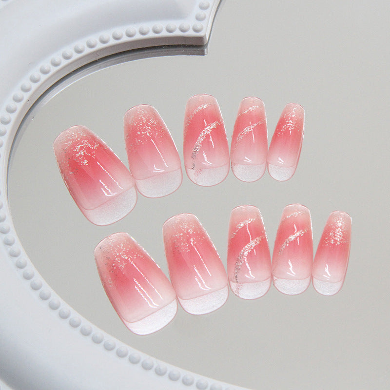N-176 - Silver Foiled Sparkles Pink - Press On Nail Set Of 24 - Free 24 Pcs Sticker Sheet Included
