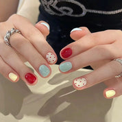 N-273 -Red Polka & Mix - Press On Nail Set Of 24 - Free 24 Pcs Sticker Sheet Included