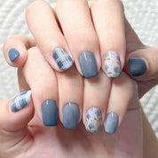 N-357 - Blue Flower & Grid  - Press On Nail Set Of 24 - Free 24 Pcs Sticker Sheet Included