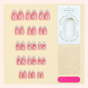 N-382 - Polka Pink Flower - Press On Nail Set Of 30 - Free 24 Pcs Sticker Sheet Included