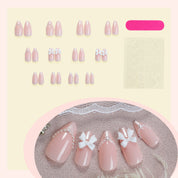 N-203 - Pearl & Bow Shiny   - Press On Nail Set Of 24 - Free Nail Kit Included