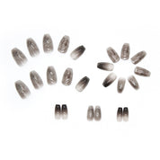 N-174 -Silver Foiled Black& Grey  - Press On Nail Set Of 24 - Free 24 Pcs Sticker Sheet Included