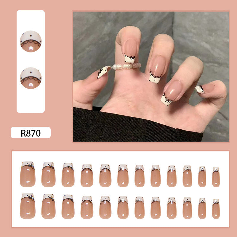 N-352 - Bow Lace - Press On Nail Set Of 24 - Free 24 Pcs Sticker Sheet Included