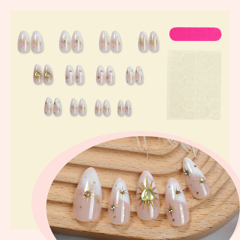 N-383 - Vintage Gold Foil Sparkles - Press On Nail Set Of 24 - Free 24 Pcs Sticker Sheet Included
