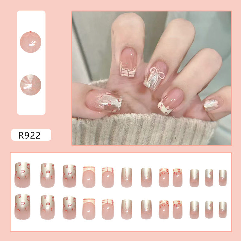 N-154 - Bow & Shiny Pink  - Press On Nail Set Of 24 - Free 24 Pcs Sticker Sheet Included