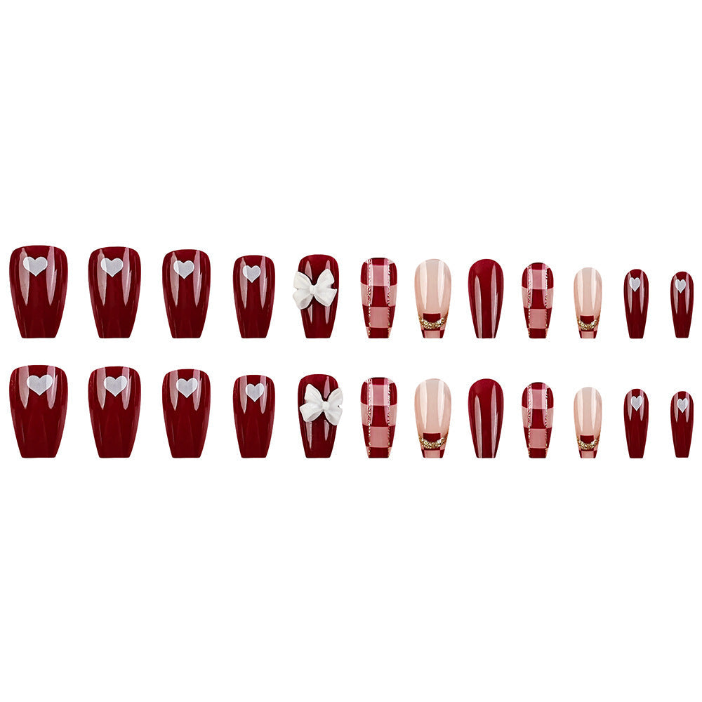 N-327 - Fancy Bow Red Shiny   - Press On Nail Set Of 24 - Free 24 Pcs Sticker Sheet Included