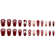 N-327 - Fancy Bow Red Shiny   - Press On Nail Set Of 24 - Free 24 Pcs Sticker Sheet Included