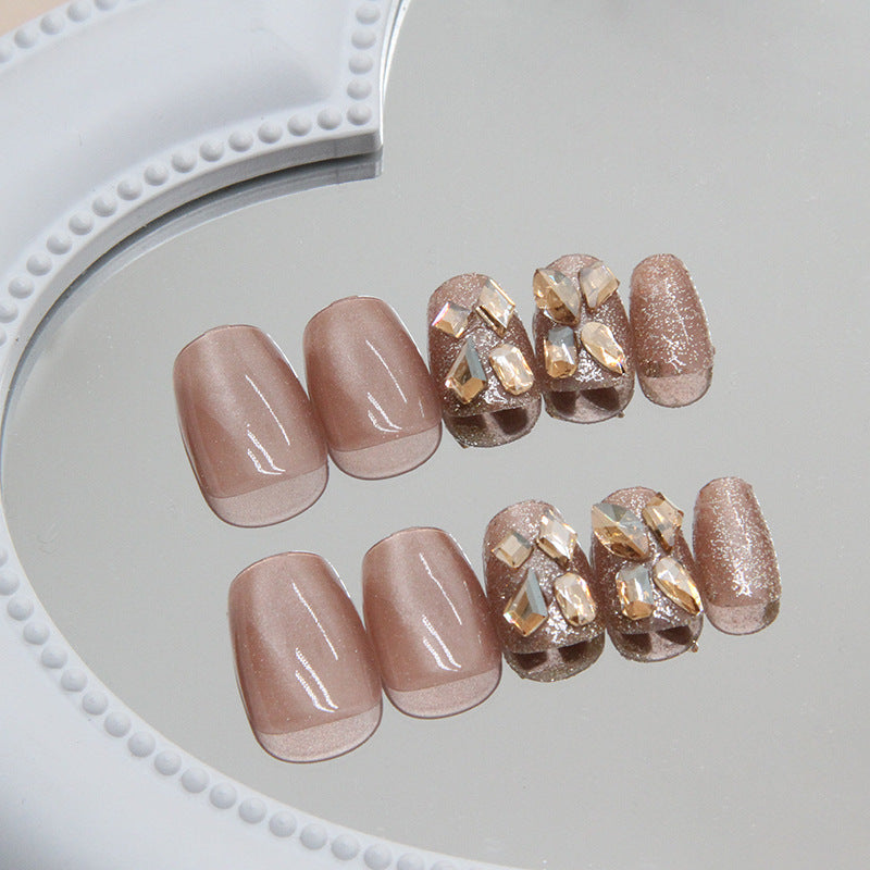 N-162 - Gold Crystal Diamond Pink - Press On Nail Set Of 24 - Free 24 Pcs Sticker Sheet Included