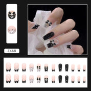 N-190 -  Bow & Pearl Fancy - Press On Nail Set Of 24 - Free 24 Pcs Sticker Sheet Included