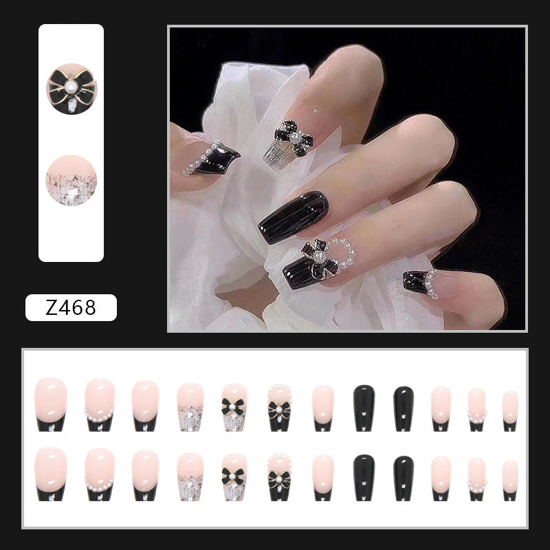N-190 -  Bow & Pearl Fancy - Press On Nail Set Of 24 - Free 24 Pcs Sticker Sheet Included