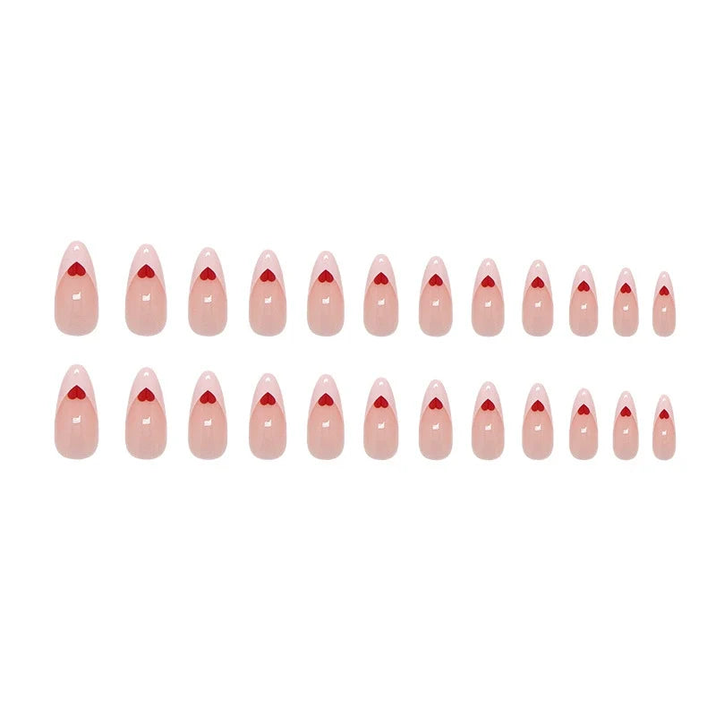 N-355 - Red Heart - Print Press On Nail Set Of 24 - Free 24 Pcs Sticker Sheet Included