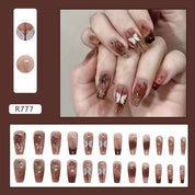 N-153 - Chocolate Brown Sparkle Butterfly - Press On Nail Set Of 24 - Free 24 Pcs Sticker Sheet Included