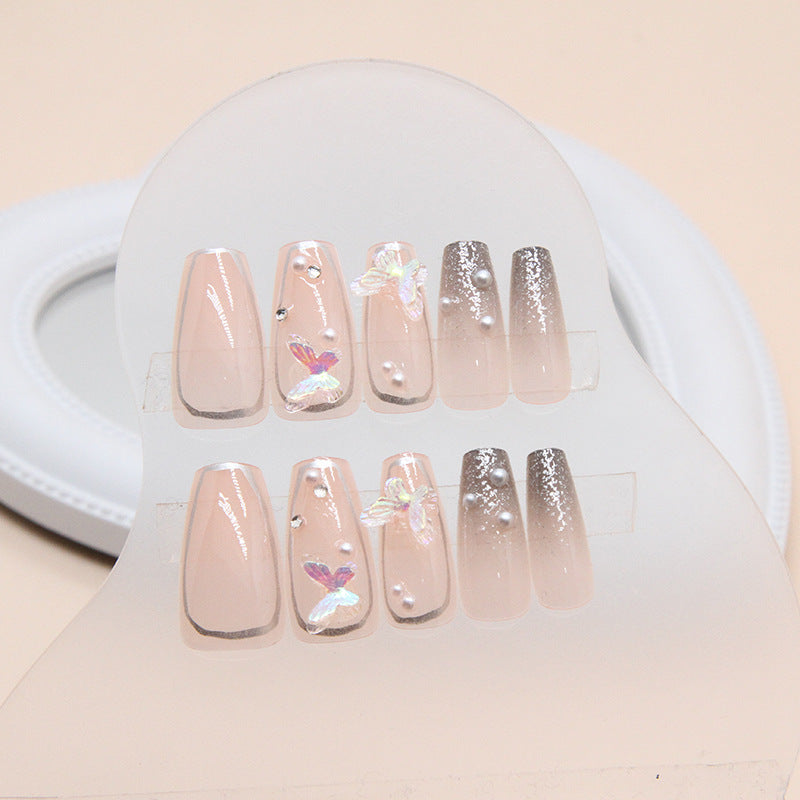 N-165 - Fantasy Butterfly & Pearl  - Press On Nail Set Of 24 - Free 24 Pcs Sticker Sheet Included