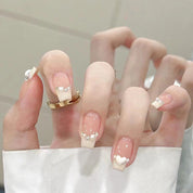 N-166 - White Pearl & Heart - Press On Nail Set Of 24 - Free 24 Pcs Sticker Sheet Included