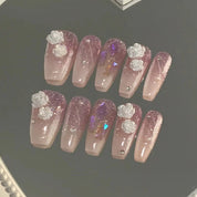 N-302 - Crystal & Milk White Camellia - Press On Nail Set Of 24 - Free 24 Pcs Sticker Sheet Included