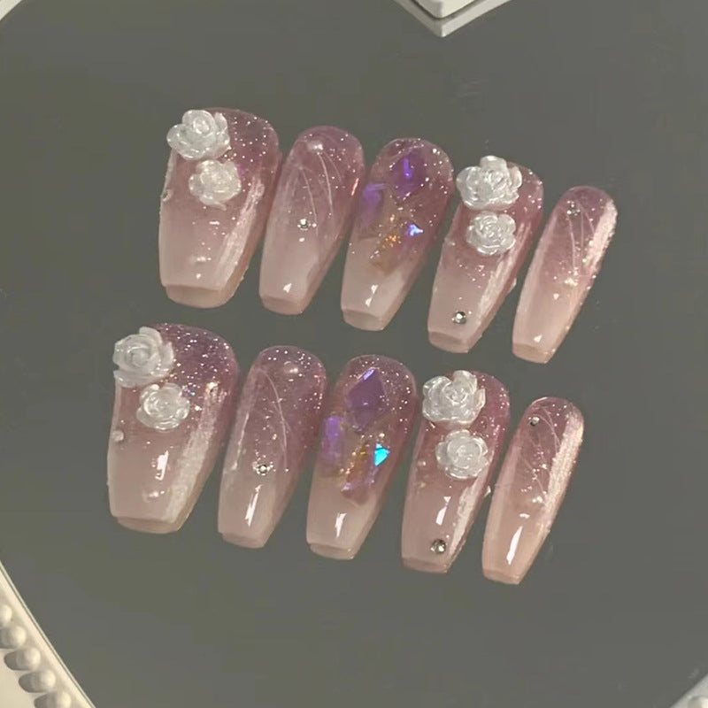 N-302 - Crystal & Milk White Camellia - Press On Nail Set Of 24 - Free 24 Pcs Sticker Sheet Included
