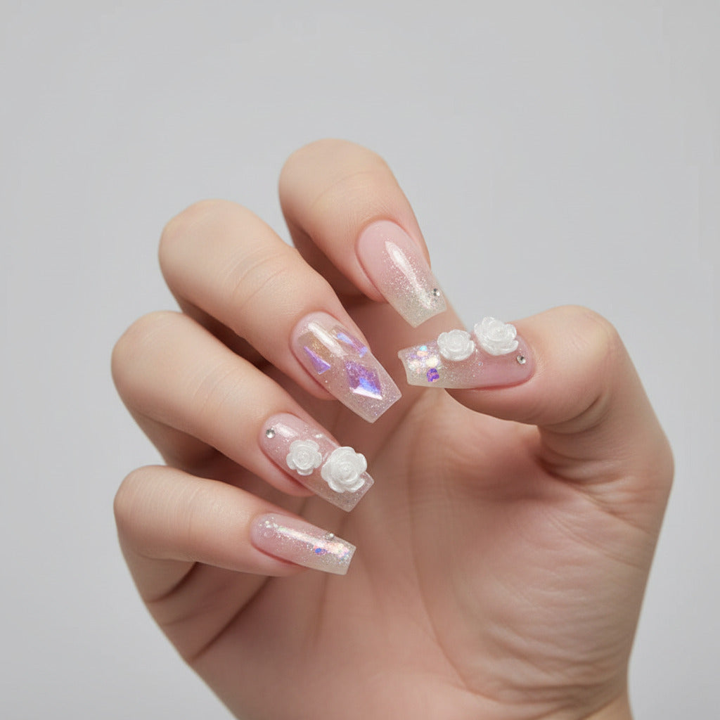 N-302 - Crystal & Milk White Camellia - Press On Nail Set Of 24 - Free 24 Pcs Sticker Sheet Included