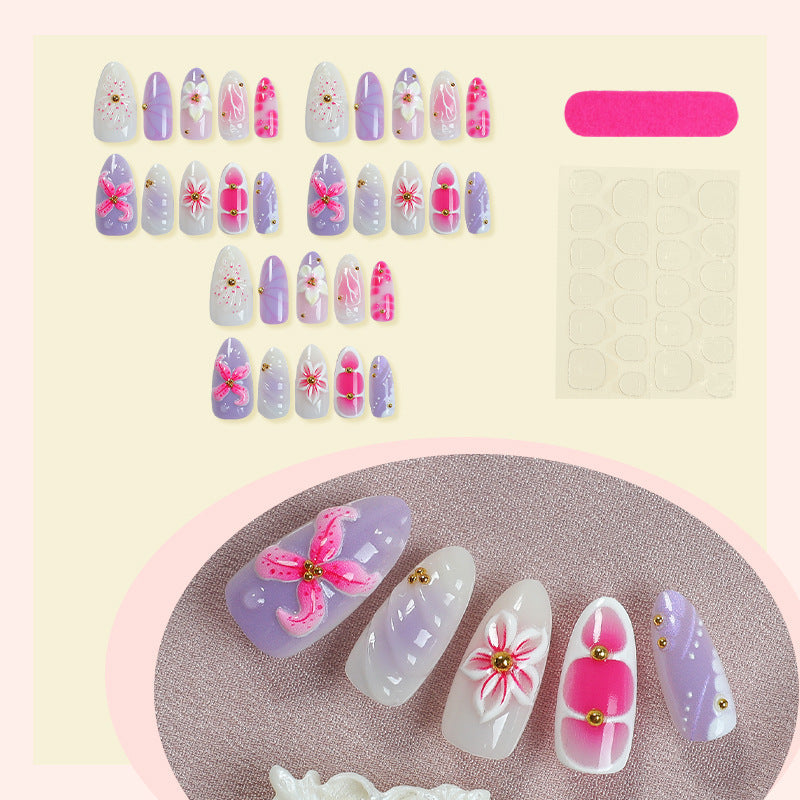 N-380 - Pink Flower - Press On Nail Set Of 30 - Free 24 Pcs Sticker Sheet Included