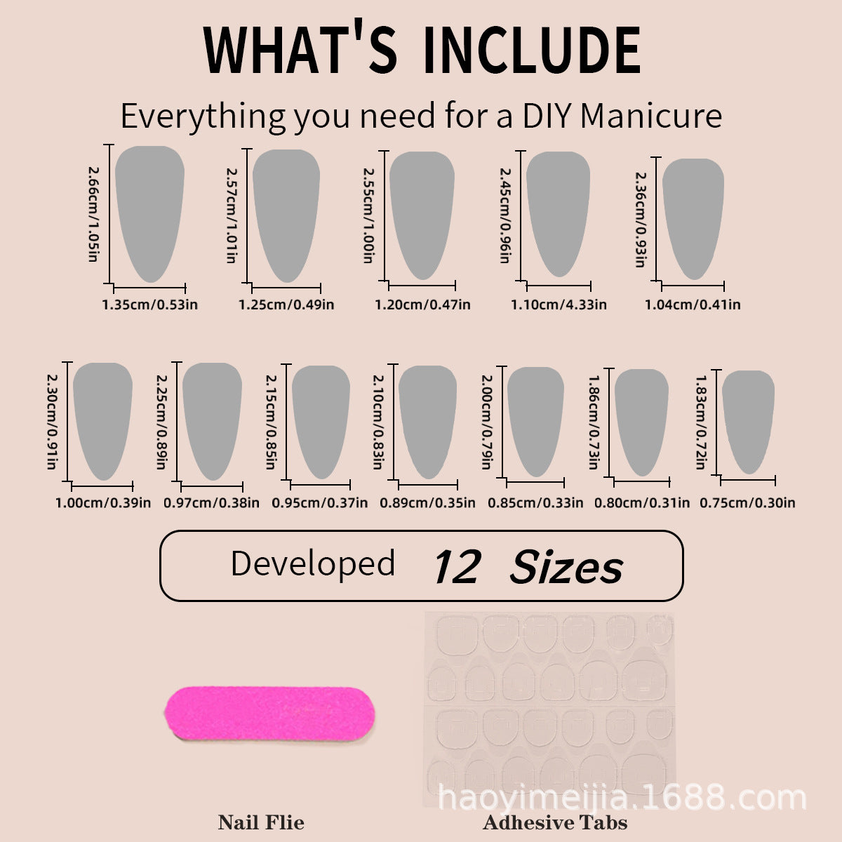 N-218 - Light Peach & White - Press On Nail Set Of 24 - Free Nail Kit Included
