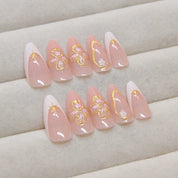 N-368 - Gold Foil Flower Peach - Press On Nail Set Of 24 - Free 24 Pcs Sticker Sheet Included