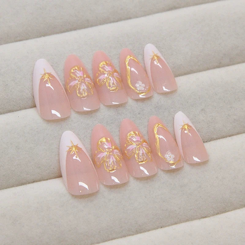 N-368 - Gold Foil Flower Peach - Press On Nail Set Of 24 - Free 24 Pcs Sticker Sheet Included
