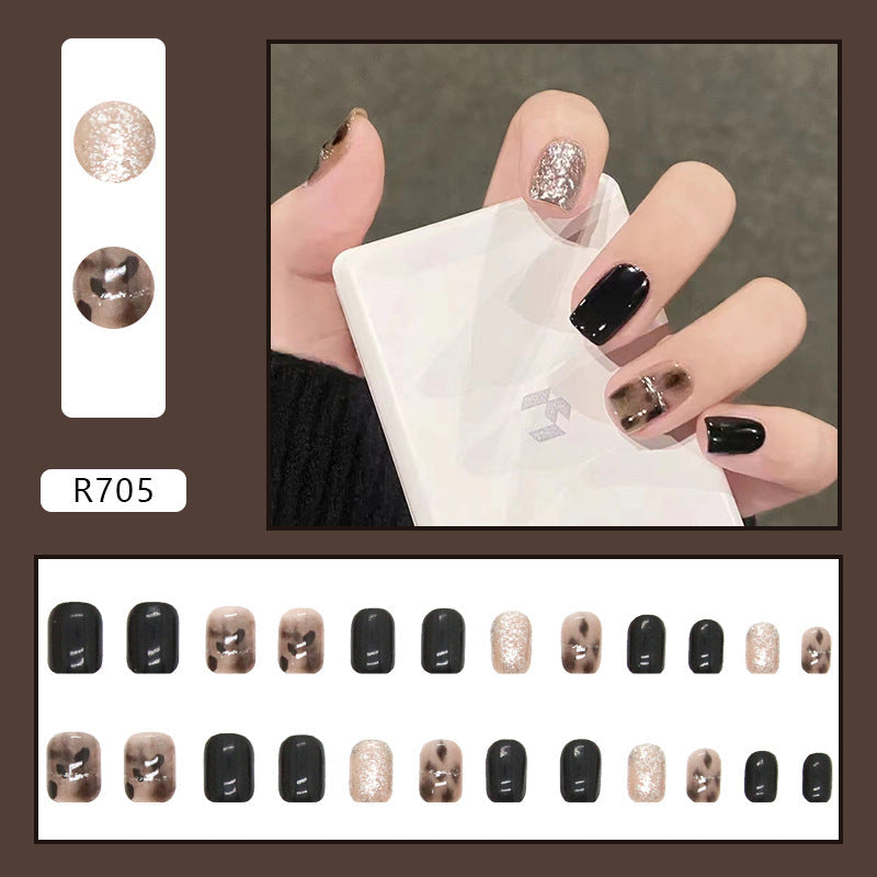 N-194 -  Fancy Foiled Black & Mix - Press On Nail Set Of 24 - Free 24 Pcs Sticker Sheet Included