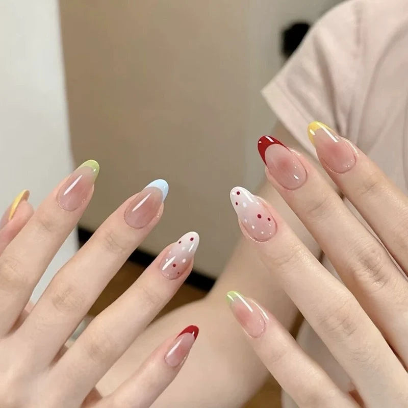 N-372 - Multi Polka - Press On Nail Set Of 24 - Free 24 Pcs Sticker Sheet Included