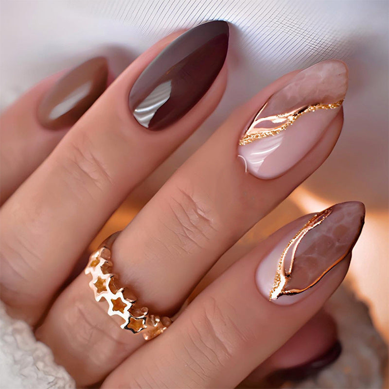 N-217 - Marbled Foiled & Dark Colors  - Press On Nail Set Of 24 - Free Nail Kit Included